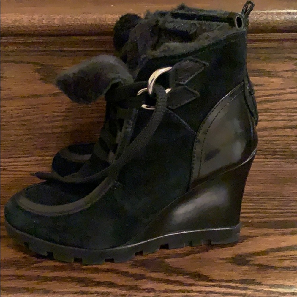 Guess black suede and leather wedge booties